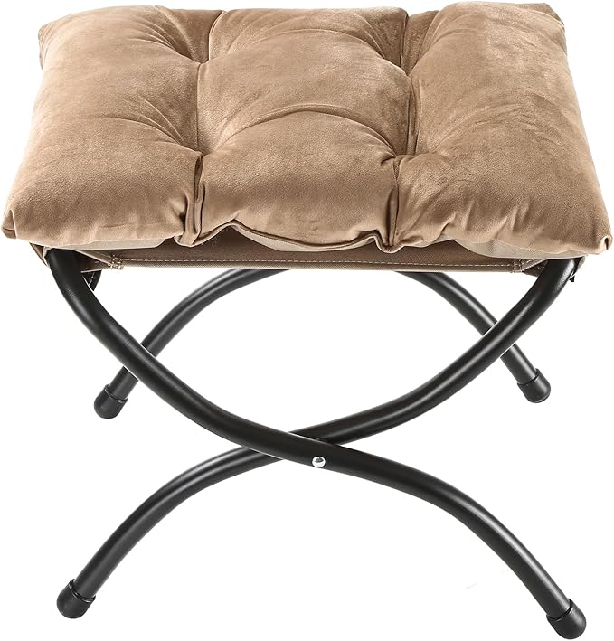 15" Foldable Foot Stool Ottoman with Metal Frame - Washable Khaki Upholstered Indoor/Outdoor Footrest for Living Room, Bedroom, Patio - Space-Saving Compact Design