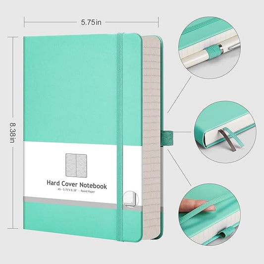 AHGXG Thick Notebook College Ruled, 320 Numbered Pages Lined Journal for Women, A5 Notebooks for Work, 100gsm Paper, Faux Leather Hardcover, for Note-Taking, 5.75'' X 8.38''-Mint