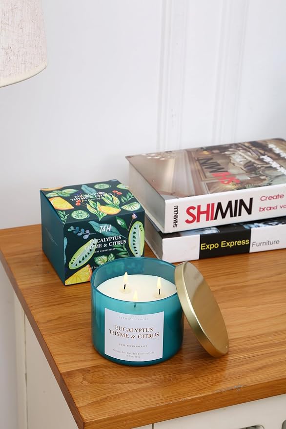 Eucalyptus Thyme Citrus Scented Candle - Large 3 Wick Soy Candle 15.8 oz - Aromatherapy Candle for Relaxation & Stress Relief - Calming Herbal Spa Scent - Long Lasting Candles for Women & Men