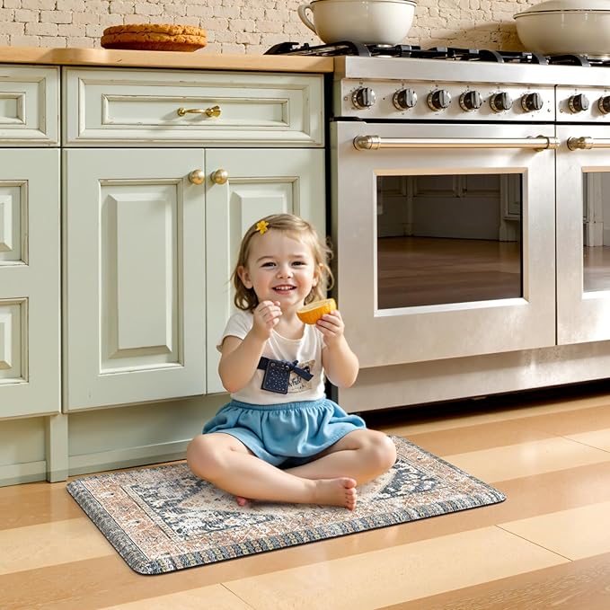 KIMODE Anti Fatigue Kitchen Mats for Floor,17.3" x 29" Cushioned Boho Vintage Kitchen Rugs,Non-Slip Waterproof Kitchen Sink Standing Mat Wipe Clean for Kitchen,Laundry Floor,Mutil-Blue