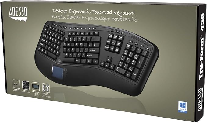 Adesso AKB-450UB - Ergonomic Keyboard with Built-in Touchpad, Wired, Multimedia Hotkeys, Split Keys Design, Built-in Palm Rest for Comfort - Compatible for PC & Windows XP/7/8/10