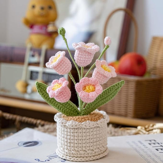 Handmade Crochet Flowers, 6 Inch Small Potted Canterbury Bells, Knitted Desk Decorations for Home Office Decor(5 Heads)