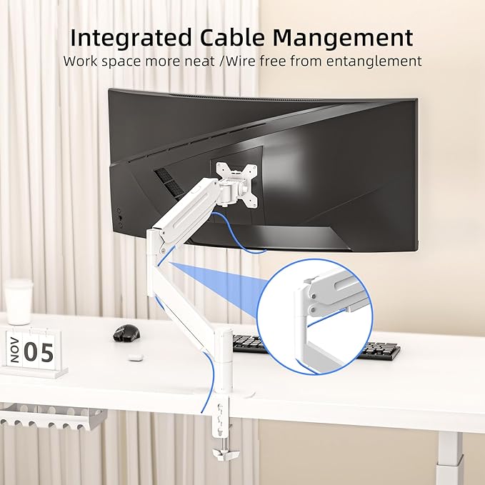 Suptek Ultrawide Monitor Arm Mount for 17 to 49 Inch Heavy Duty Curved Screen,Holds 46.2 lbs,Adjustable Gas Spring Monitor Arm Desk Mount Stand,75/100 Vesa Mount,White(MD71LW)
