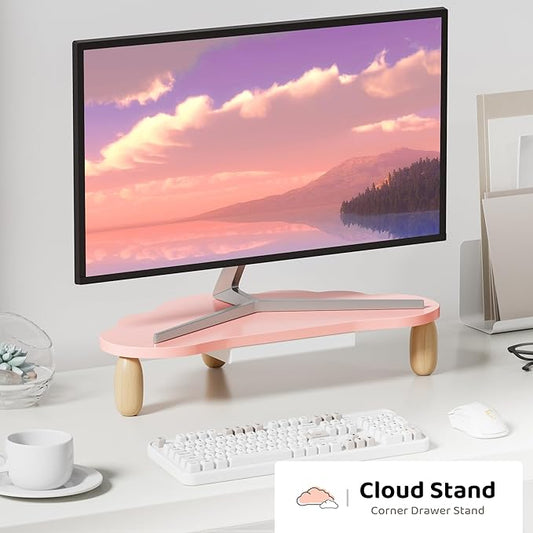 Monitor Stand Riser,Cloud-Shaped Sturdy Wood Computer Monitor Riser Wirh Drawer, Monitor Stand Riser, Multi-Purpose Desktop Organizer Riser for Computer,Laptop,Printer,TV,Pink