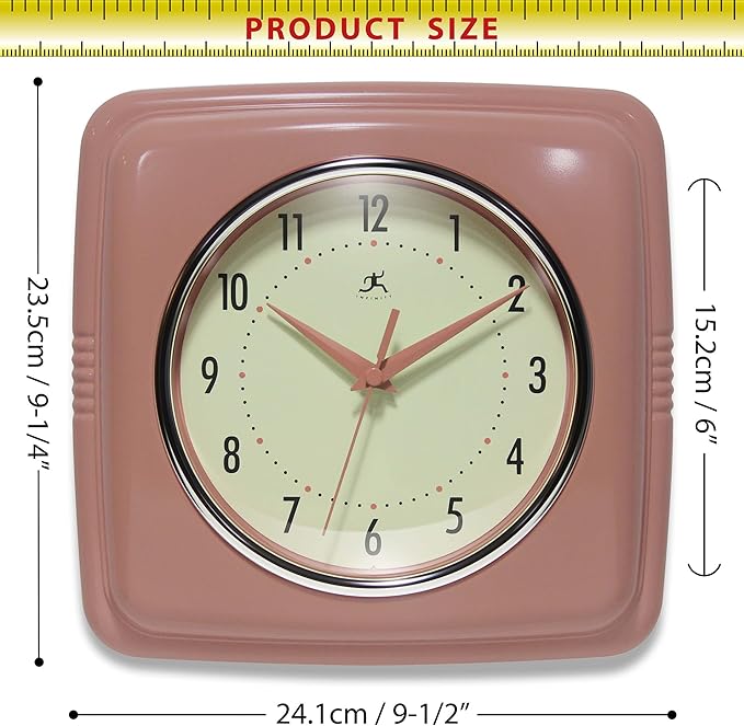 Infinity Instruments Square Retro Wall Clock, Terracotta, 9.25"