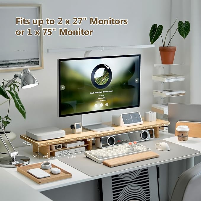 Bamboo Dual Monitor Stand Riser Natural, 2-Tier Desk Monitor Riser for 2 Monitors, Supports for PC Computer Monitor, Printer, Heavy TV Riser up to 300 lbs
