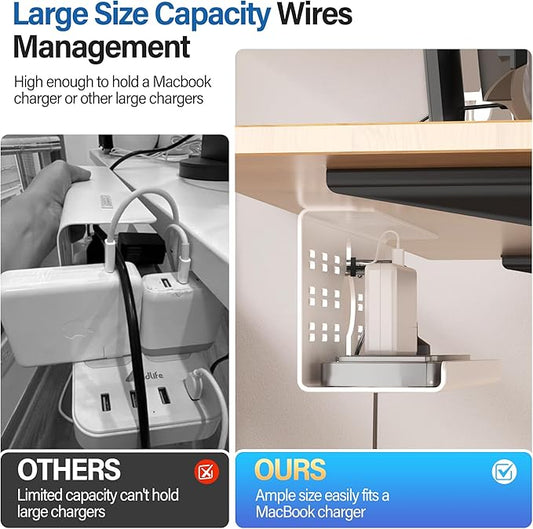 2 Pack Cable Management Under Desk White, Cinati 32" Large Cable Management Tray, Under Desk Alloy Steel Wire Organizers, Cord Hider Tray for Office and Home - Tape or Screw Installation