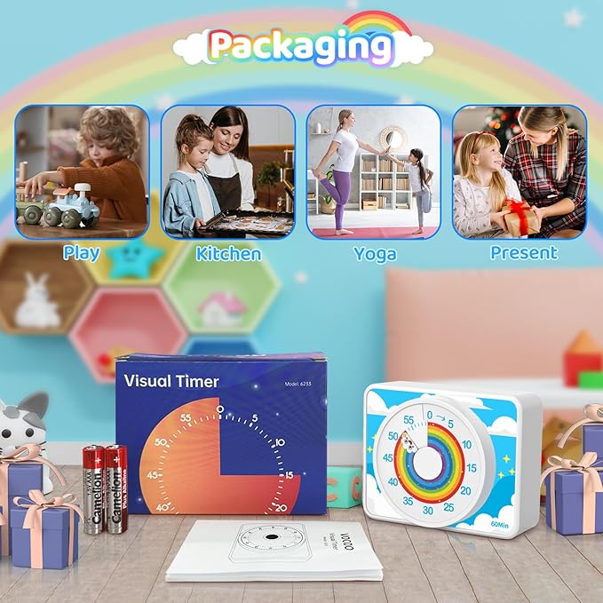 VOCOO Kids Visual Timer for Classroom - 60-Minute Countdown for Kitchen Cooking Office, Strong Magnet, Silent Time Management Tool, 2 AAA Batteries Included, Cute Rainbow Pattern (White)