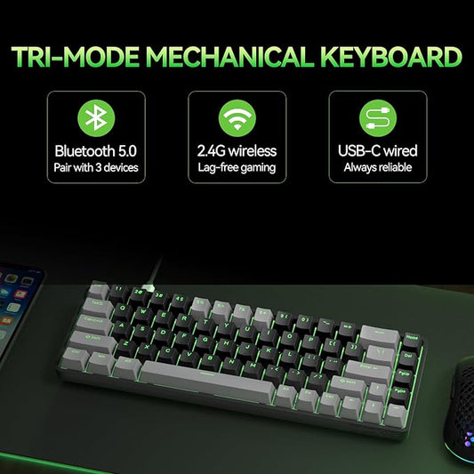 TMKB T68 60% Wireless Mechanical Gaming Keyboard, Tri-Mode BT5.0/2.4GHz/USB-C with Clicky Blue Switch, RGB Backlight, Anti-Ghosting, Compact 68 Keys, Wired/Wireless, Gray/Black
