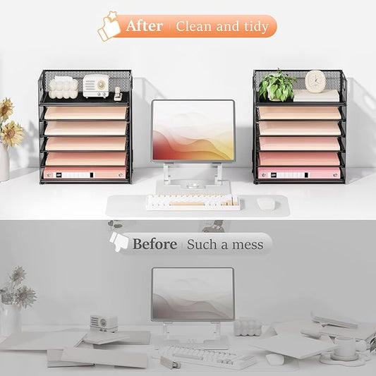 Subekyu 2-Pack 6-Tier Paper Tray Organizer for Desk - Black Mesh File Folder Sorter with Handles, Desk Letter Holder for Office, Home, School Supplies Storage & Organization