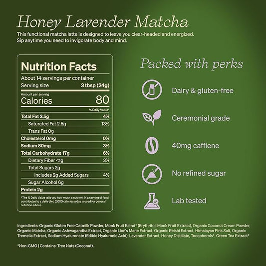 Clevr Blends Organic Honey Lavender Matcha SuperLatte, Instant Ceremonial Grade, Superfood Powder Blend, Oat Milk, Lion Mane, Reishi Mushroom, Coconut Cream, Ashwagandha, Serve Hot or Iced (14 Lattes)