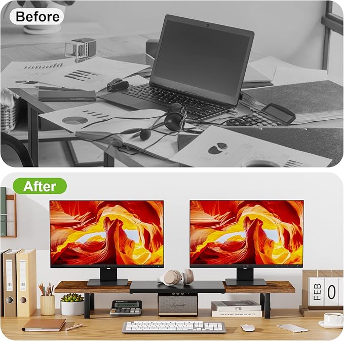 X-cosrack Adjustable Height and Length Dual Monitor Stand Riser, Wood and Steel Monitor Stand for 2 Monitors, Multi-Purpose Desk Shelf Organizer Riser Stand for Computer, Laptop, Printer, TV