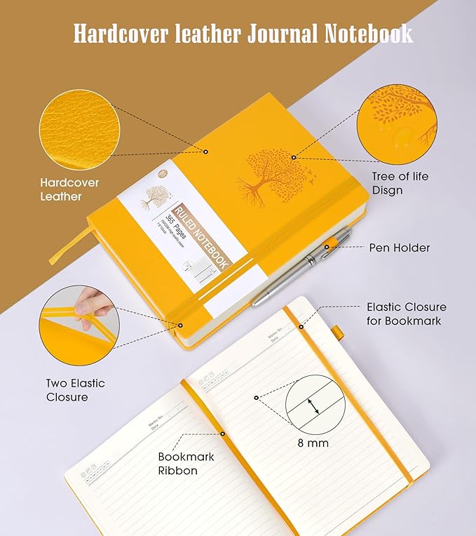 Lined Journal Notebook, 365 Pages B5 Journals for Writing College Ruled Notebook, Hardcover Leather Journal for Women Men, Daily Notebook for Work, Note Taking,100Gsm Thick Paper(7.6'' X 10'' Yellow)