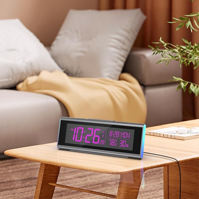 Digital Alarm Clocks for Bedrooms, LED Desk Clock with RGB Night Light, Brightness Dimmer, Date, Week, Temperature Large Display, Modern Decor for Desk, Office, Gift for Kids, Teen, Adults (Black)