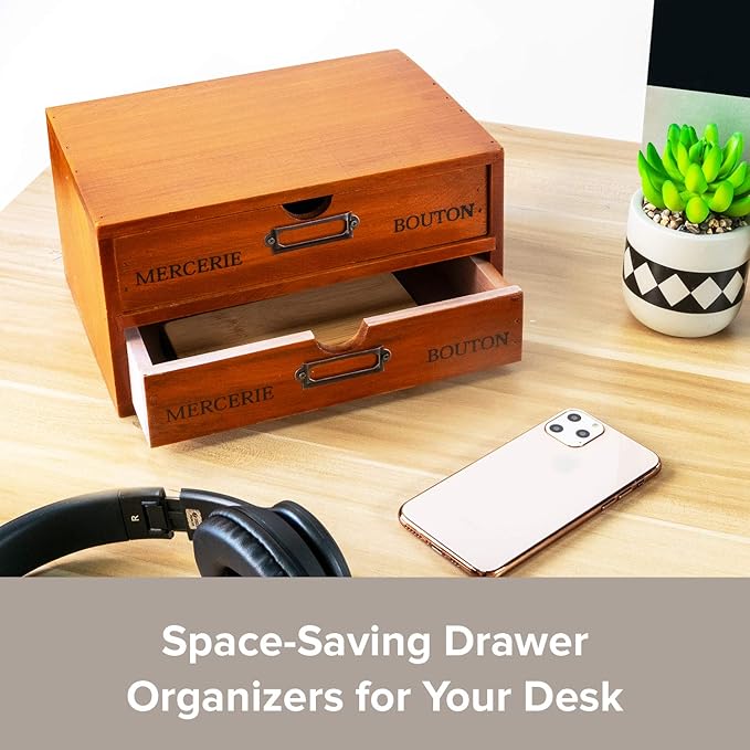 Vintage 2-Drawer Desk Organizer - Wood Countertop Drawer Organizers - 2-Tier Wooden Desktop Monitor Riser w/Drawers - Organization and Storage Drawers for Desk - Stackable Drawers - File Drawer Unit
