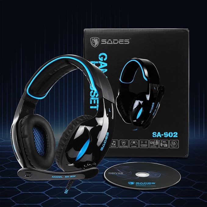 SADES SA902 Stereo Gaming Headset 7.1 USB Surround Sound PC Headsets Over-Ear Gaming Headphones with Microphone LED Light Black Blue