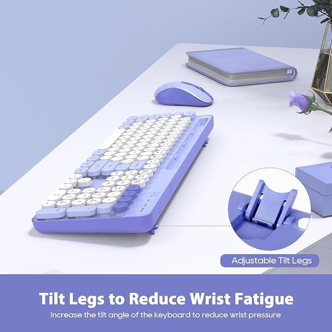 Wireless Keyboard and Mouse Combo, Retro Round Keycaps, Cute Full-Size Typewriter Keyboard with Phone Holder, Sleep Mode, Click Soft, 2.4GHz Cordless Connection for Windows/PC/Laptop (Purple-Colorful)