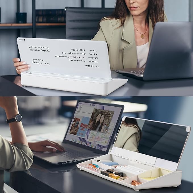 Varhomax Glass Desk Whiteboard with Built-in Mirror, Desktop Organizer Dry Erase White Board with Storage, to Do List Memo Notepad for Home Office and School Supplies