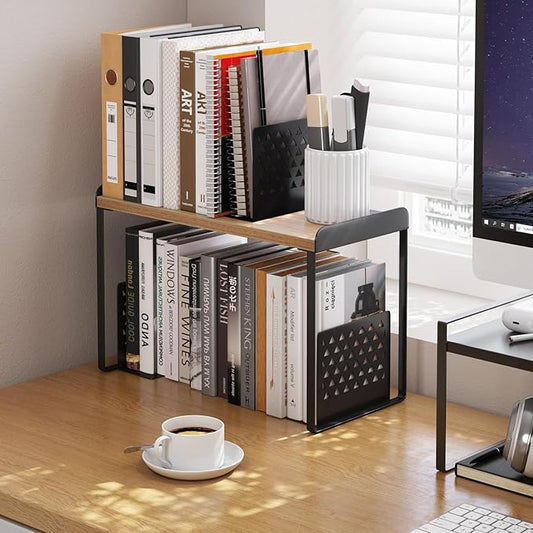 Mitus Shelf Organizer and Storage, Tiered Wood Cabinet Rack for The Kitchen Counter, Bathroom Counter, Pantry Cupboard, Office Desk Bookshelf, 12" Wide Natural and Black (Large)