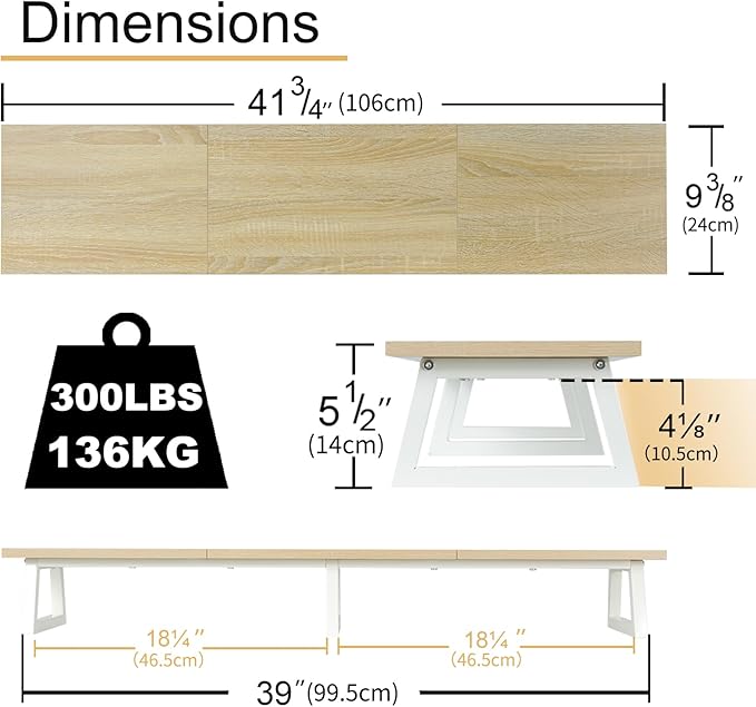TEAMIX Large Dual Monitor Riser - Wood & Steel Desk Organization - Maple, 42 inch