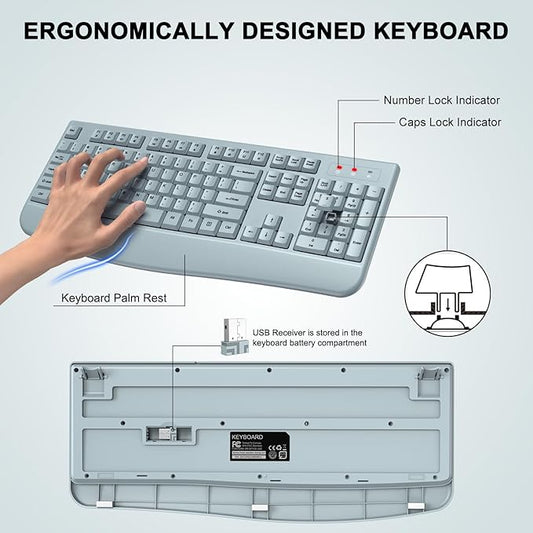 Wireless Keyboard and Mouse Combo, ULSOU 2.4G Full-Sized Ergonomic Computer Keyboard with Wrist Rest and 3 Level DPI Adjustable Wireless Mouse for Windows, Mac OS Desktop/Laptop/PC(Grey)
