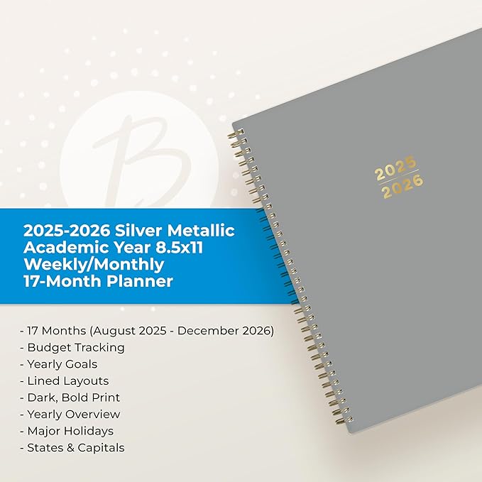 Blue Sky 17 Month 2025-2026 Weekly and Monthly Academic Year Planner Calendar, August 2025 - December 2026, 8.5" x 11", Flexible Cover, Wirebound, Laminated Tabs, Silver Metallic