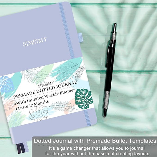 Premade Bullet Dotted Journal with Undated Weekly Monthly Planner, Pre-made Dot Grid Journaling Aesthetic Notebook for Goals Gratitude Budget Exercise Habits Mood Sleep Tracker - 12 Month