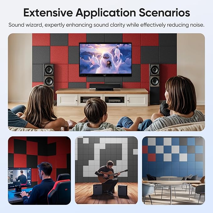 12 Pack 12" X 12" X 0.4" Acoustic Panels for Wall Sound Absorbing, Square Self-Adhesive Sound Panels, High Density Suitable for Multiple Scenarios(Black)