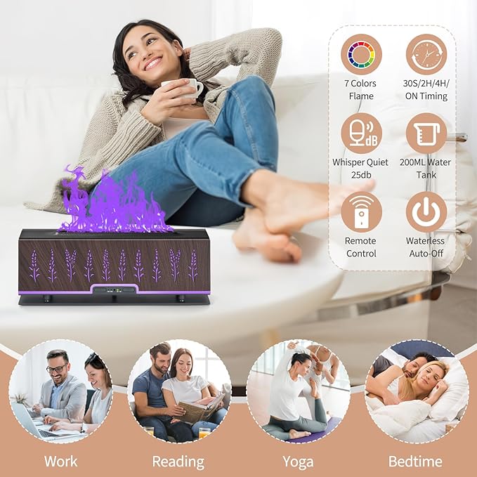 Colorful Essential Oil Diffuser, 7 Colors Flame Fire Diffuser, 200ML Ultra-Quiet Aromatherapy Diffuser with Remote Control, Timer Up, Auto-Off Protection for Home,Office,Bedroom (Deep Brown)