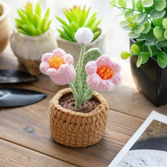 Handmade Crochet Flowers, Small Potted Plants, Knitted Canterbury Bells Desk Decorations for Home Office Decor (Two Heads)