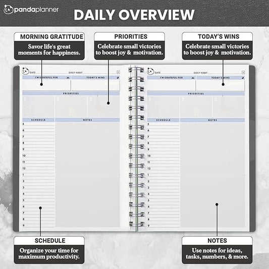 Panda Planner 2025-2026 Undated Daily Planner 5.75" x 8.25" – 90-Day Spiral Academic & Productivity Planner with Hourly Schedule, Habit Tracker, To-Do List & Monthly Calendar – ADHD-Friendly Panda Journal (Gray)