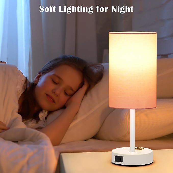 ZJOJO Table Lamp for Bedroom Set of 2, Bedside Small Lamps with 3 Way Dimmable Rocker Switch and AC Outlet, Nightstand Desk Lamp with Pink Fabric Shade White Base for Living Room Home Decor Lights