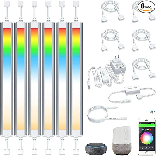 Smart Under Cabinet Lighting Strip Lights White & Color Changing Dimmable Work with Alexa Google Smart Thing Phone App, RGB Multi Colored Lamp for Kitchen Counter Light Fixture (6 Lights Bar Kit)
