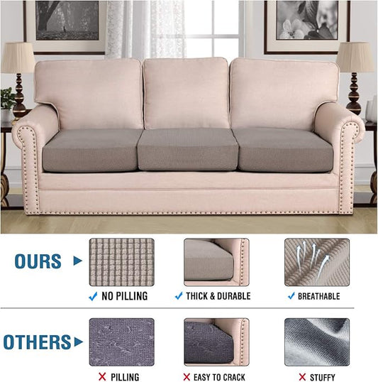 H.VERSAILTEX Super Stretch Couch Cushion Covers Sofa Cushion Slipcovers Jacquard Fabric Individual Seat Couch Slipcover Sets for Pets with Elastic Bottom(3 Packs Cushion Sofa Covers, Taupe)