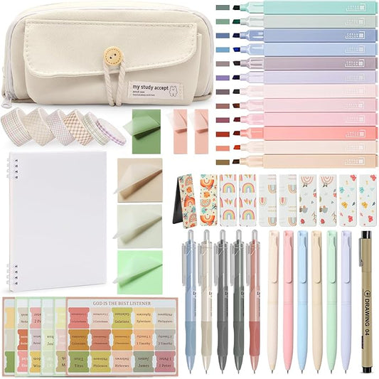 54Pcs Bible Journaling Kit with Pencil Case, Bible Highlighters and Pens with Tabs, Notebook, Bible Study Supplies Journel Essentials Accessories Tools for Women,Back to School Gifts (White)