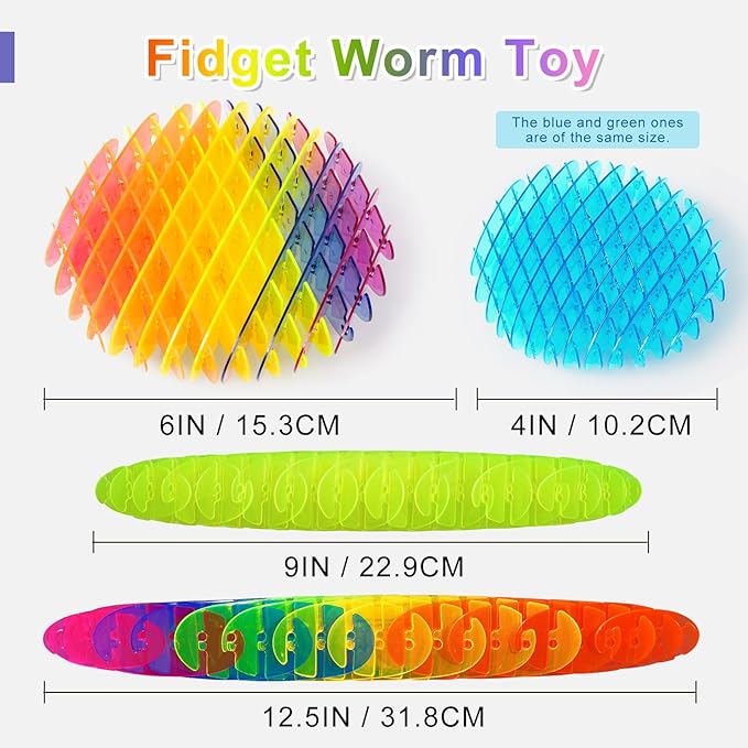 Fidget Worm: Fidget Toys Adults | 3-pack Sensory Toys for Kids & Teens | Quiet Fidgets,Small Anxiety Stress Relief Toy, Fidget Toy,Desk Fidgets for Autistic & Adhd Adults(Rainbow,Green,Blue)