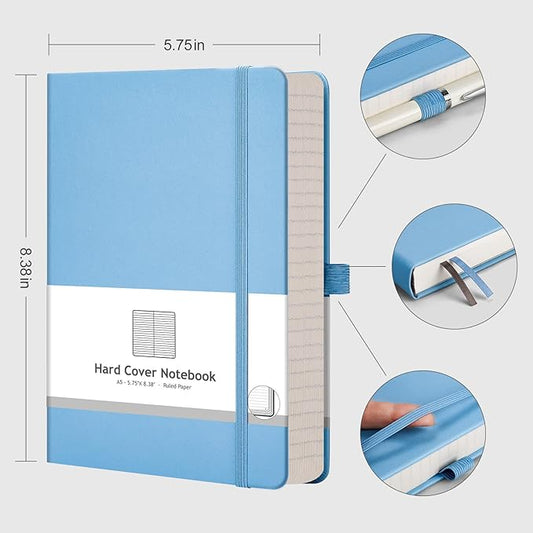 AHGXG Thick Notebook College Ruled, 320 Numbered Pages Lined Journal for Writing, A5 Notebooks for Work, 100gsm Paper, Faux Leather Hardcover, for Women, Men, Note-taking, 5.75'' X 8.38''-LightBlue