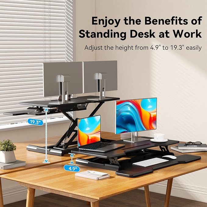 35" Standing Desk Converter, Height Adjustable Desktop Riser with Keyboard Tray for Two Monitors, Sit to Stand up Computer Workstation for Home Office, Black