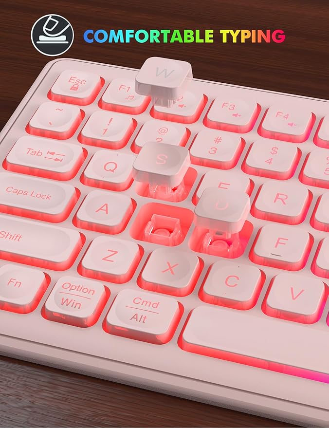 Wireless Keyboard and Mouse Combo - RGB Backlit, Rechargeable & Light Up Letters, Full-Size, Ergonomic Tilt Angle, Sleep Mode, 2.4GHz Quiet Keyboard Mouse for Mac, Windows, Laptop, PC, Trueque, Pink