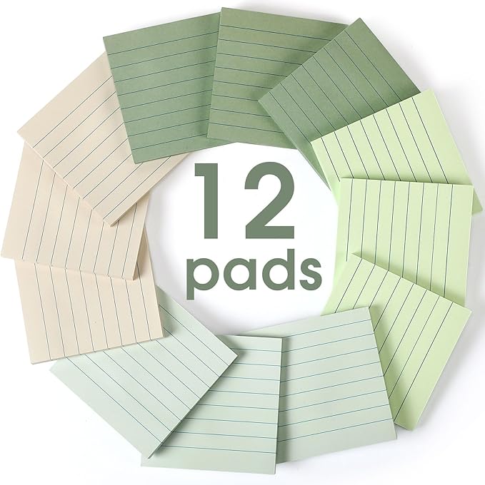 12 Pack Sage Green Lined Sticky Notes 3x3 inch Post Ruled Stickies Super Self Stick Power Memo Pads Multi Colors Notes Pads Vintage Aesthetic School Office Supplies Accessories