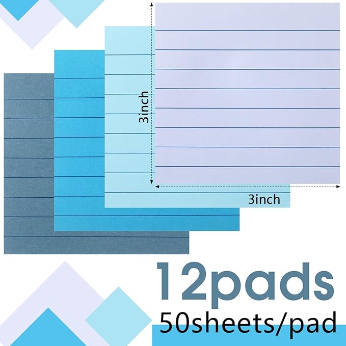 12 Pack Blue Lined Sticky Notes 3x3 inch Post Ruled Stickies Super Self Stick Power Memo Pads Multi Colors Notes Pads Vintage Aesthetic School Office Supplies Accessories