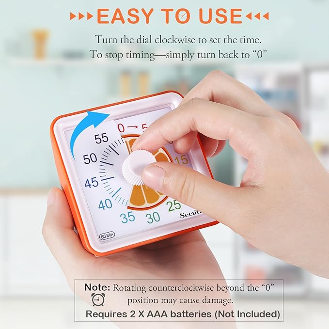 Secura 60-Minute Visual Countdown Timer for Kids & Adults, Classroom Time Management Tool (Orange)