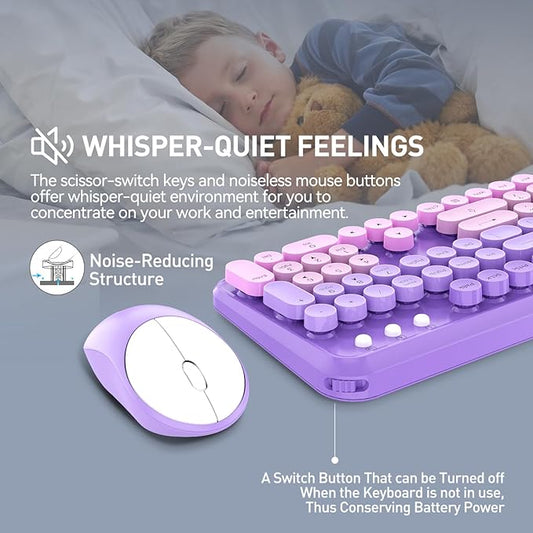 Wireless Keyboards Mouse Combos, Colorful Cute Typewriter Full-Size Retro Creamy Keyboard, 2.4GHz Sleep Mode Office Quiet Wireless Keyboard and Mouse Set for Desktop Laptop PC Computer(Purple)