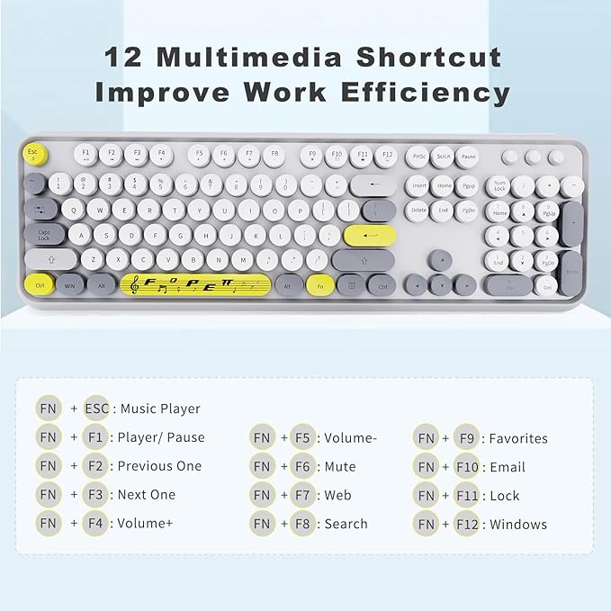 Wireless Keyboard Mouse Combo,Retro Typewriter Keyboard with Round Keycaps,2.4G Wireless Full Size Office Keyboard and Cute Mouse with 3 DPI for PC Mac Laptop Desktop Tablet Computer-Grey Colorful