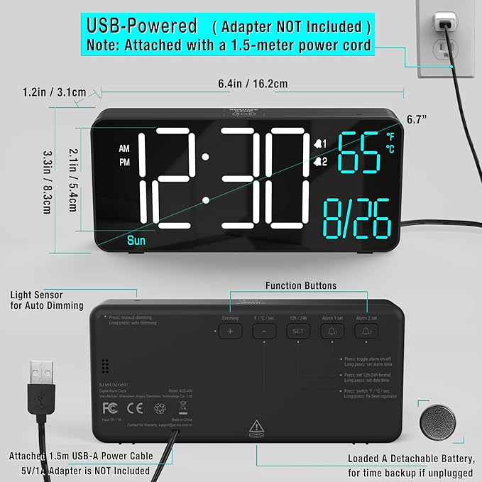 KOSUMOSU Alarm Clocks for Living Room, 6.7in Small Digital Clock for Bedroom, Auto Dimming,Date,Day of Week,Seconds or Indoor Temperature,Digital Alarm Clocks for Bedrooms,LED Desk Clock