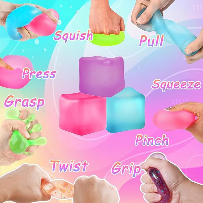 3Pcs Stress Cube Squishy Toys, Slow Rising Ice Cube Stress Balls, Sensory Fidget Toys for Anxiety Relief, Sensory Ice Nee Cube Gel Filled Squishy Ball Toys for ADD/ADHD Kids Adults(Blue, Purple, Pink)