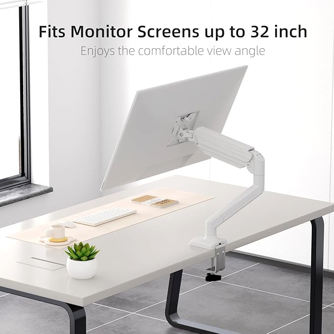 suptek Single Monitor Mount for 13-32 inch, Adjustable Gas Spring Monitor Arm Desk Mount Stand, 4.4-19.8lbs Screen, with VESA Mount 75x75/100x100mm,White(MD01AW)