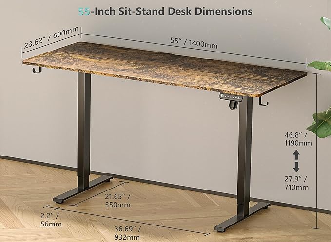 55 x 24 inch Electric Standing Desk Adjustable Height with 4 Wheels, 4 Memory Height Settings, 2 Headphone Hook, for Home Office, Splice Board Brown