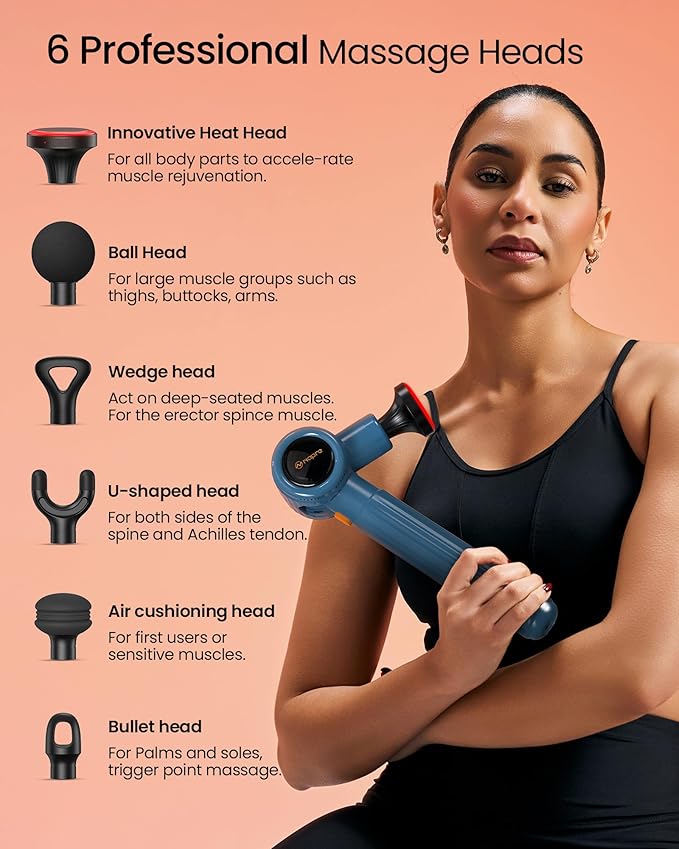 Massage Gun with Heat,Massage Gun Deep Tissue with Extension Handle & 3 Adjustable Angles,Handheld Percussion Back Massager for Muscle/Neck/Body Pain Relief with Portable Case,Blue