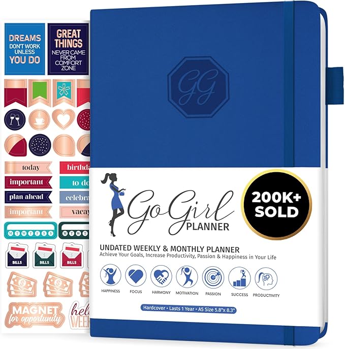 GoGirl Planner and Organizer for Women – Compact Size Weekly Planner, Goals Journal & Agenda to Improve Time Management, Productivity & Live Happier. Undated – Start Anytime, Lasts 1 Year – Royal Blue